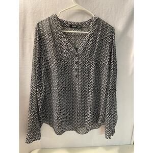 a.n.a‎ long sleeve blouse large v-neck black white